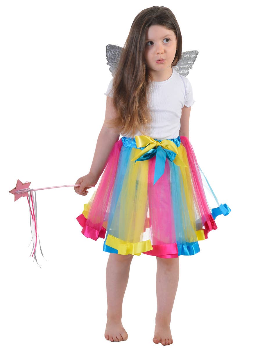 Image of Pastel Rainbow Kid's Fairy Wings and Wand Costume Set - Front View