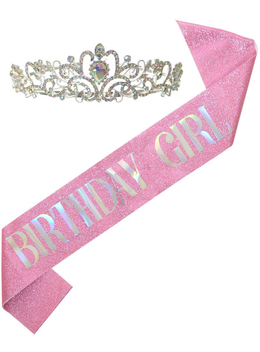 Image of Iridescent Pink Glitter Birthday Girl Party Sash and Tiara - Main Image