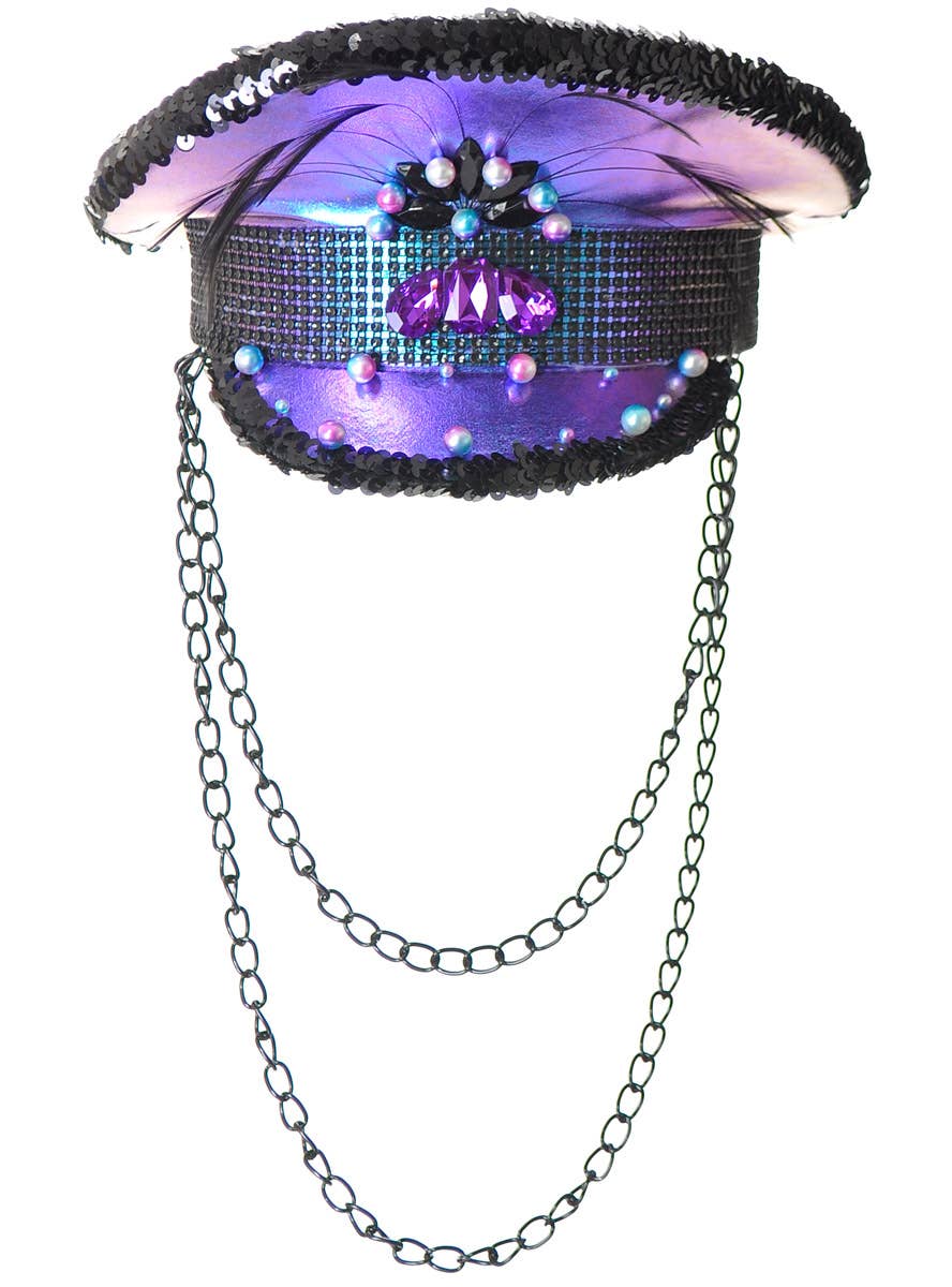 Image of Deluxe Purple Shimmer Festival Hat with Chains - Front View