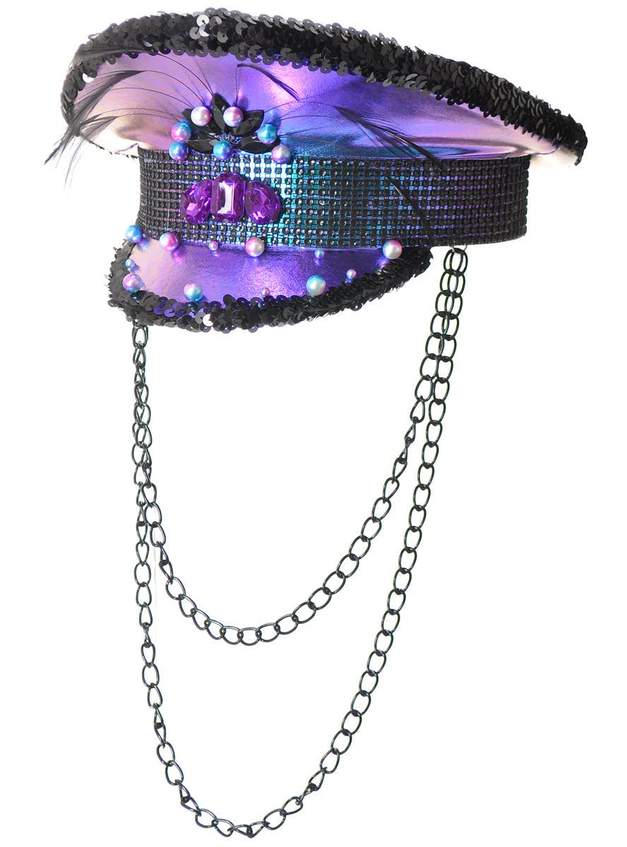 Image of Deluxe Purple Shimmer Festival Hat with Chains - Side View