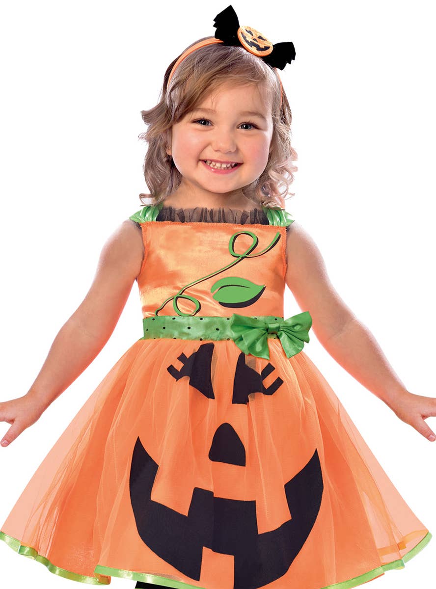 Image of Cute Pumpkin Toddler Girls Halloween Costume - Close Image