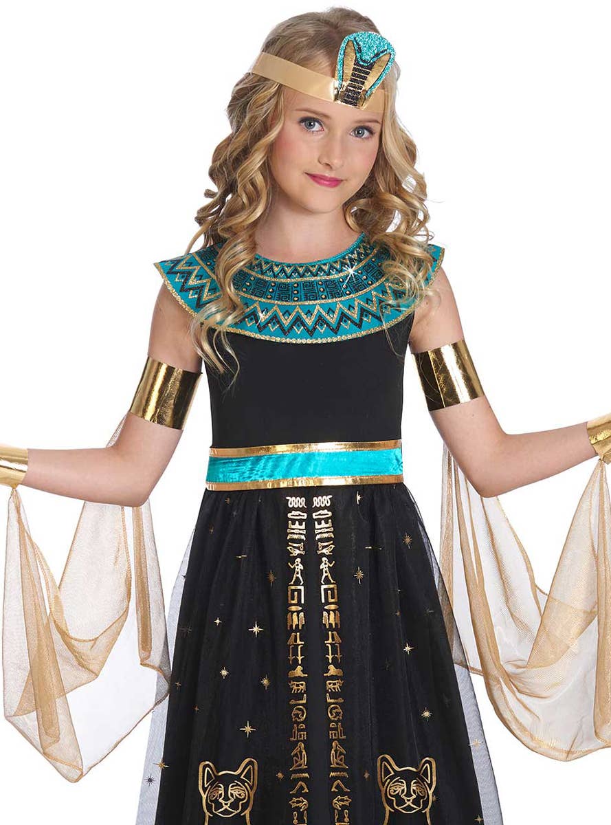 Girls Black Gold and Green Egyptian Queen Cleopatra Costume - Close Image