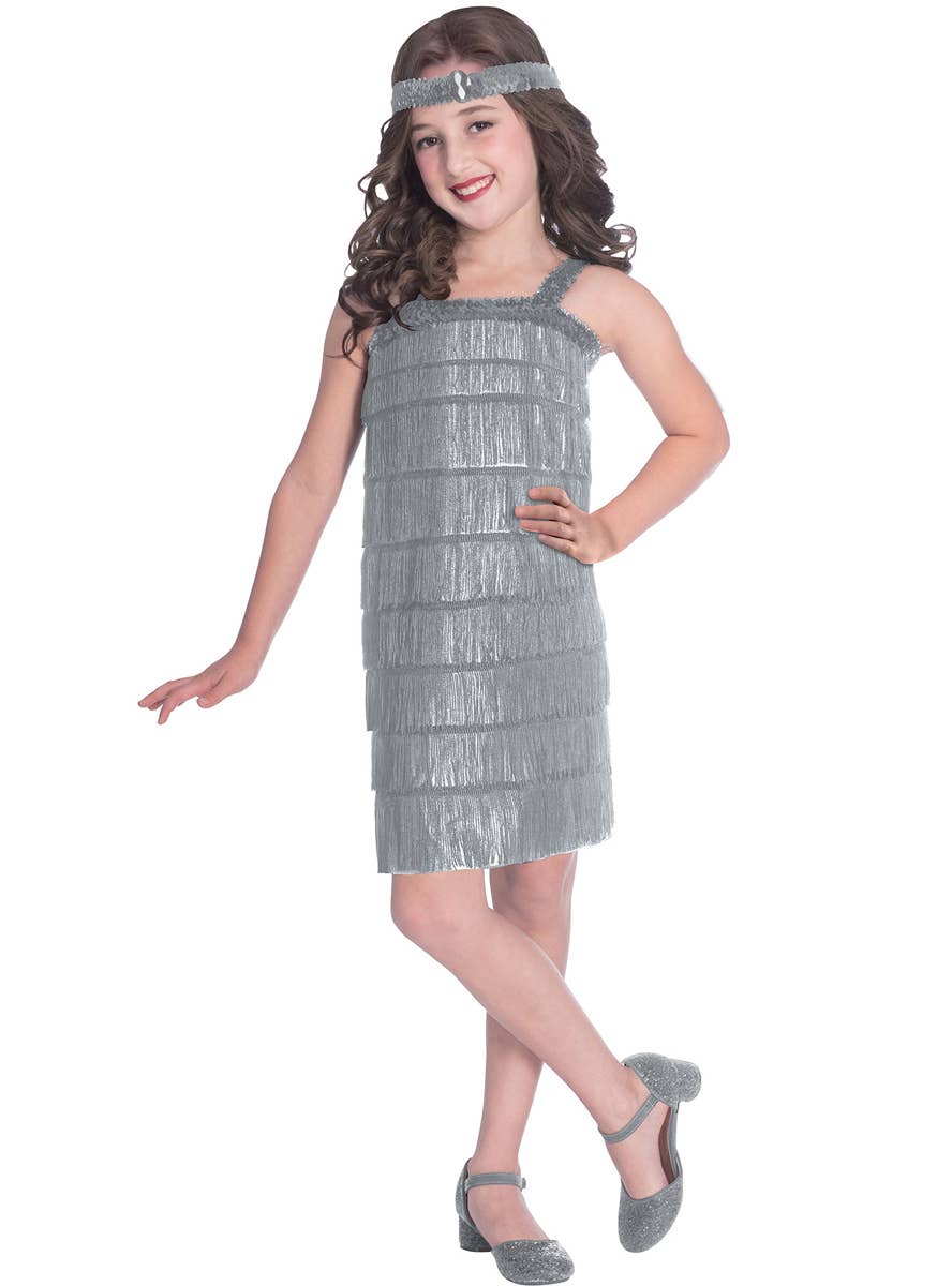 Girls Silver Flapper Dress Costume with Fringing