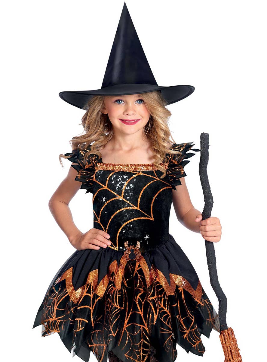 Image of Spooky Orange Spider Witch Girls Halloween Costume - Close Image