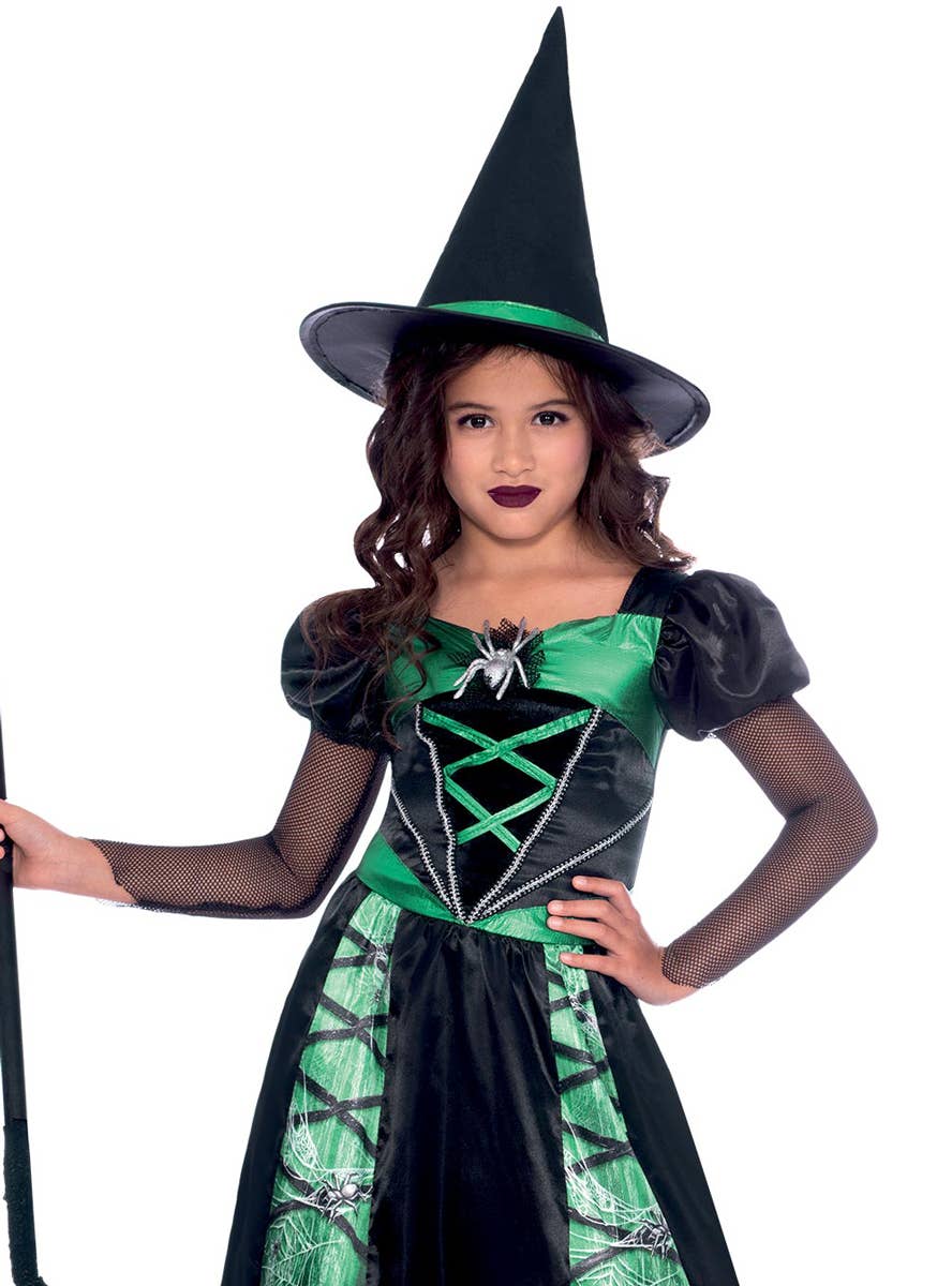 Image of Cute Black and Green Spider Witch Girls Halloween Costume - Close Image