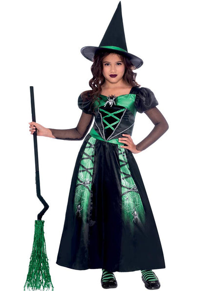 Image of Cute Black and Green Spider Witch Girls Halloween Costume 