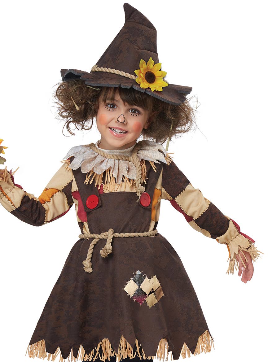 Toddler Girls Pumpkin Patch Scarecrow Fancy Dress Halloween Costume Close Up Image