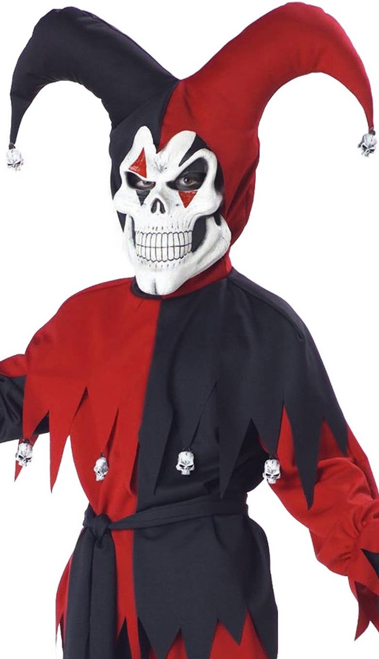 Boy's Evil Jester Scary Halloween Dress Up Costume Close Up View 