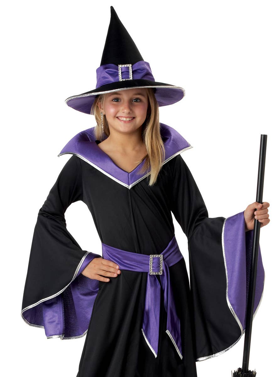 Black and Purple Girl's Long Witch Costume Close Up View