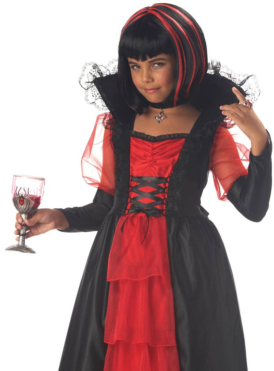 Red and Black Vampire Costume for Girls - Close Up Image