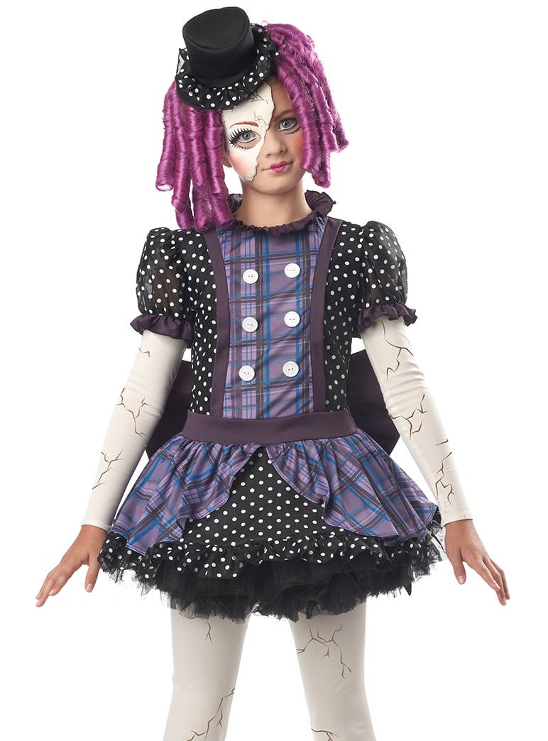 Girl's Broken Doll Costume Black and Purple Dress Close Up View