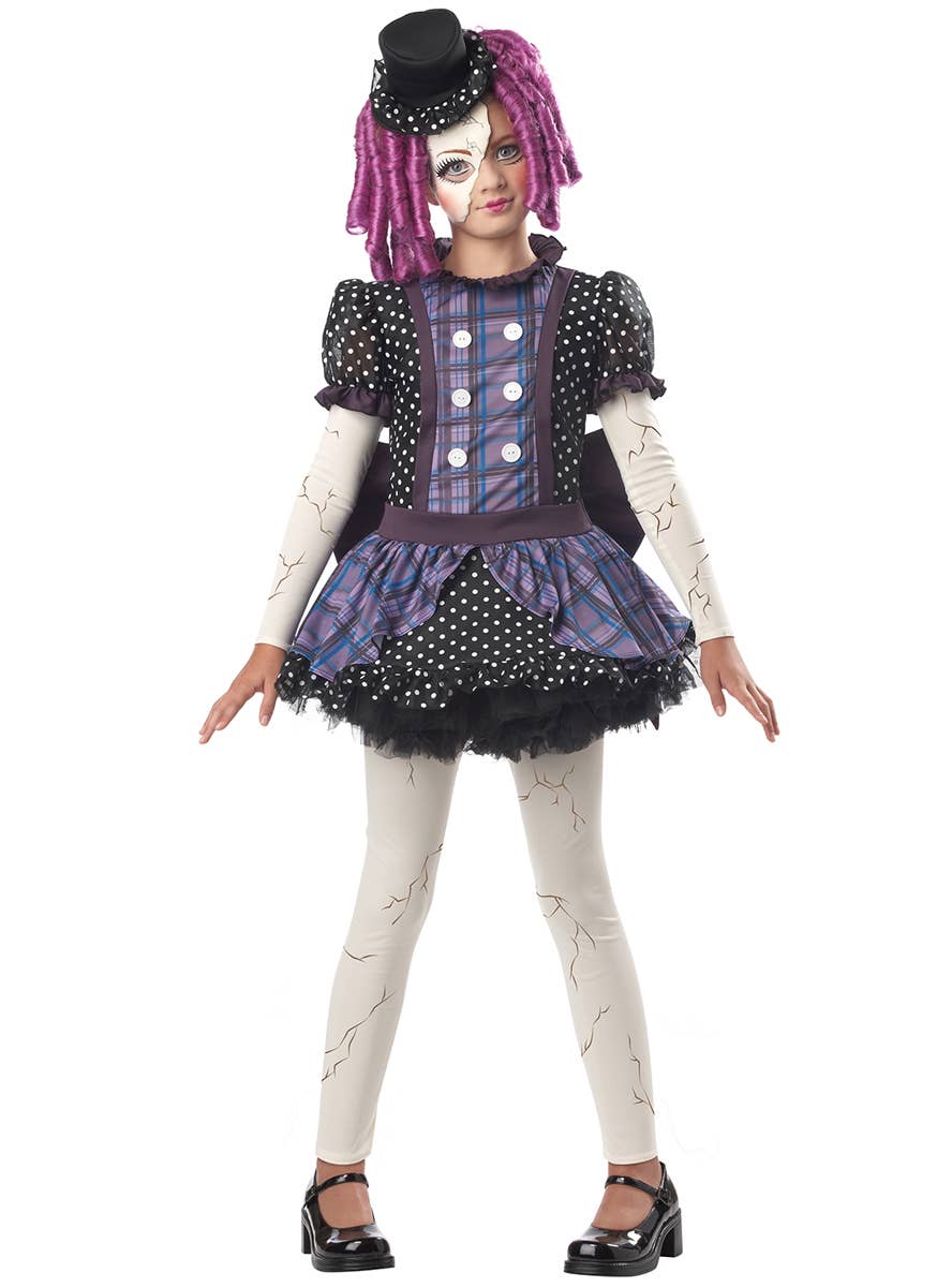 Girl's Broken Doll Costume Black and Purple Dress Front View
