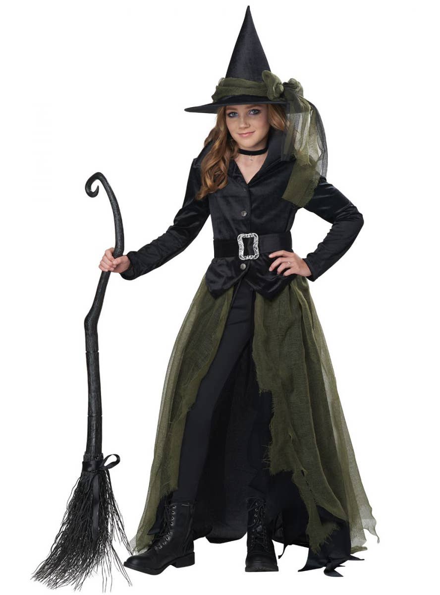 Teen Girl's Green Gothic Cool Witch Halloween Fancy Dress Costume Main Image