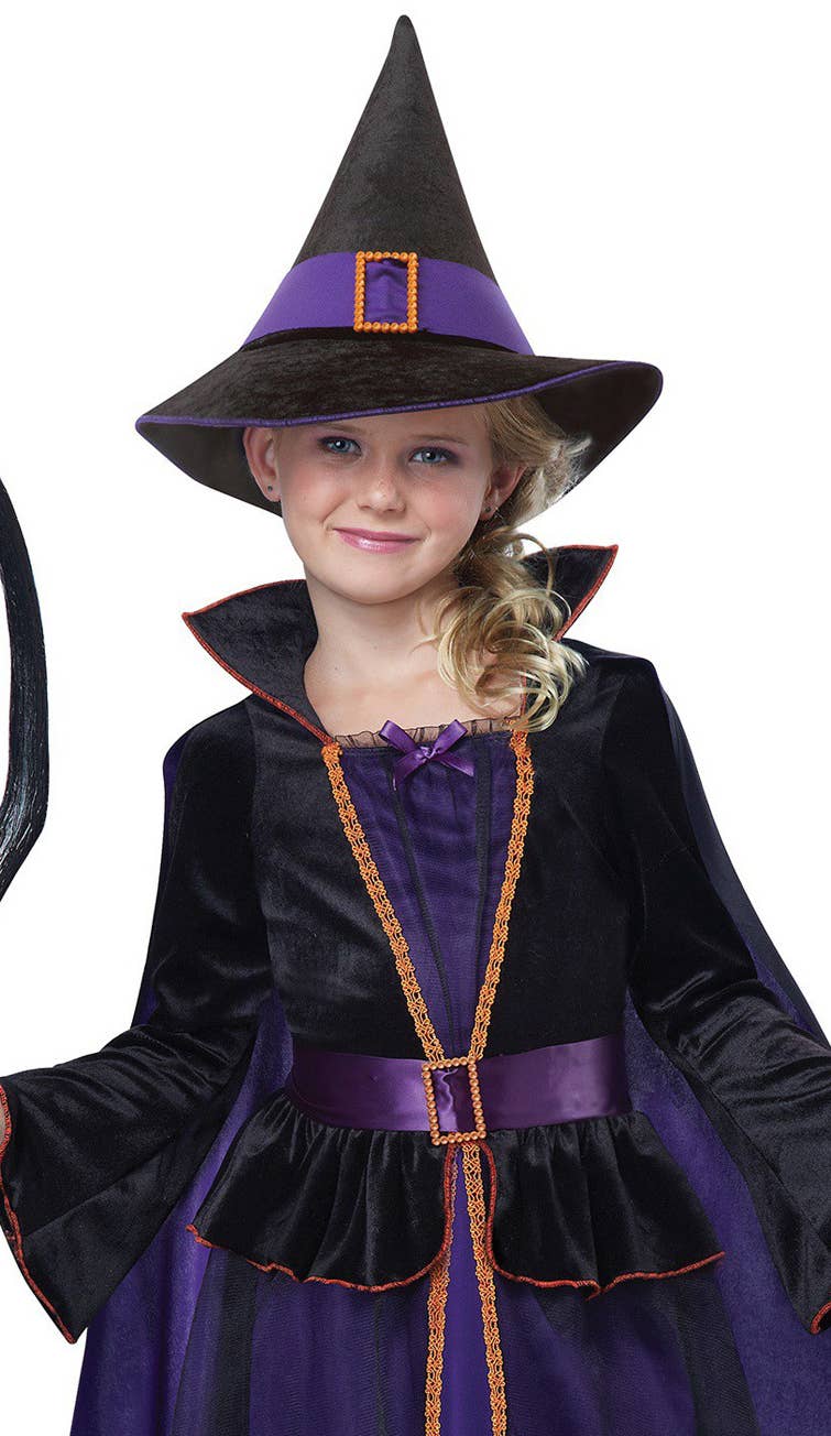 Girl's Deluxe Hocus Pocus Black and Purple Witch Halloween Costume Close Up Image