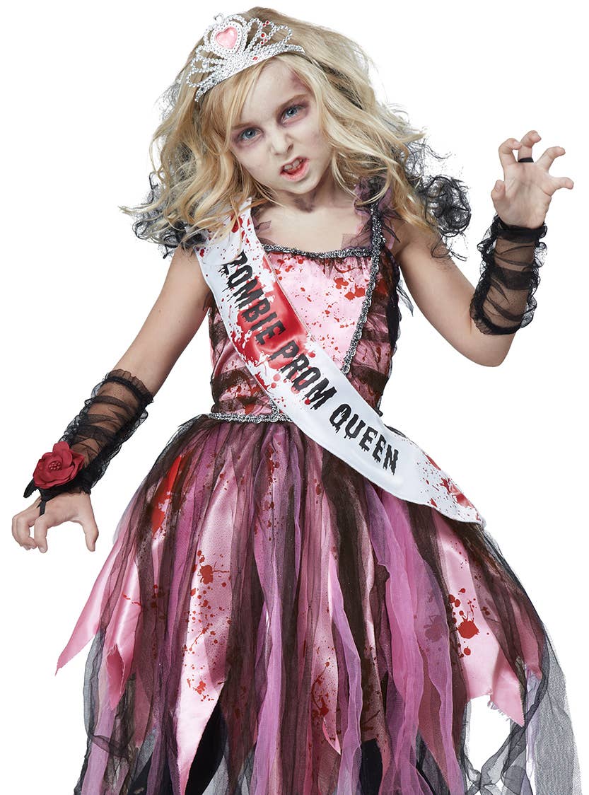 Girls Zombie Prom Queen Halloween Fancy Dress Costume Close Up Image