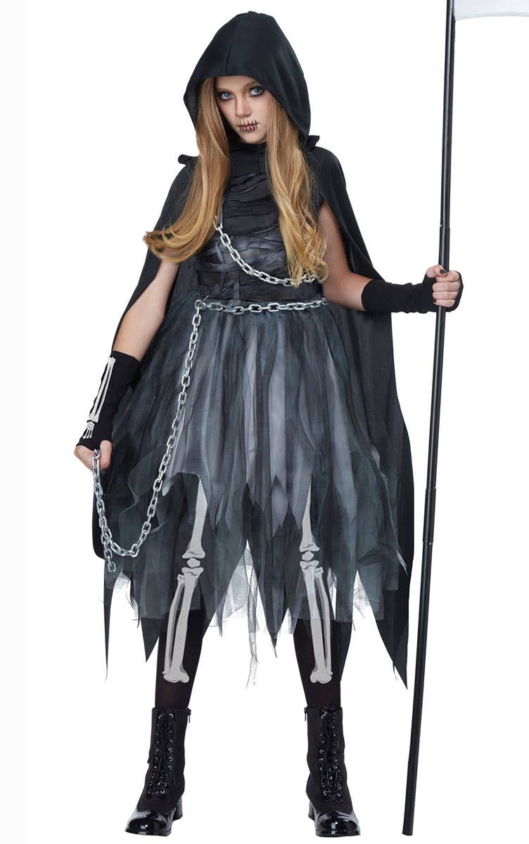 Girls Grim Reaper Halloween Fancy Dress Costume Front View