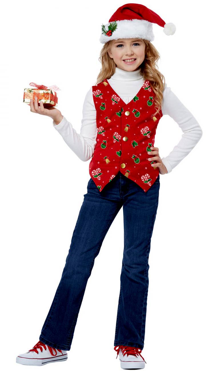 Christmas Kid's Unisex Red Holiday Costume Vest and Hat Alternative Image 1