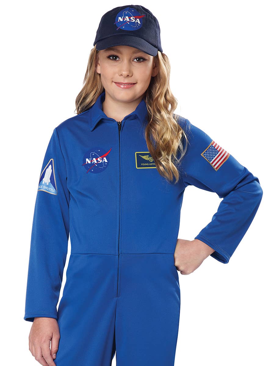 Unisex Blue NASA Space Suit Jumpsuit Costume for Kids - Girls Close Up Image