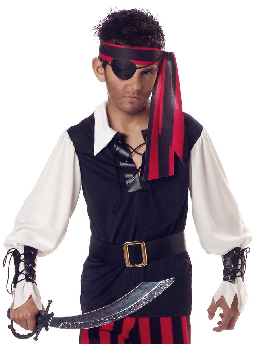 Pirate Boy's Black and Red Buccaneer Book Week Costume Close Up Image