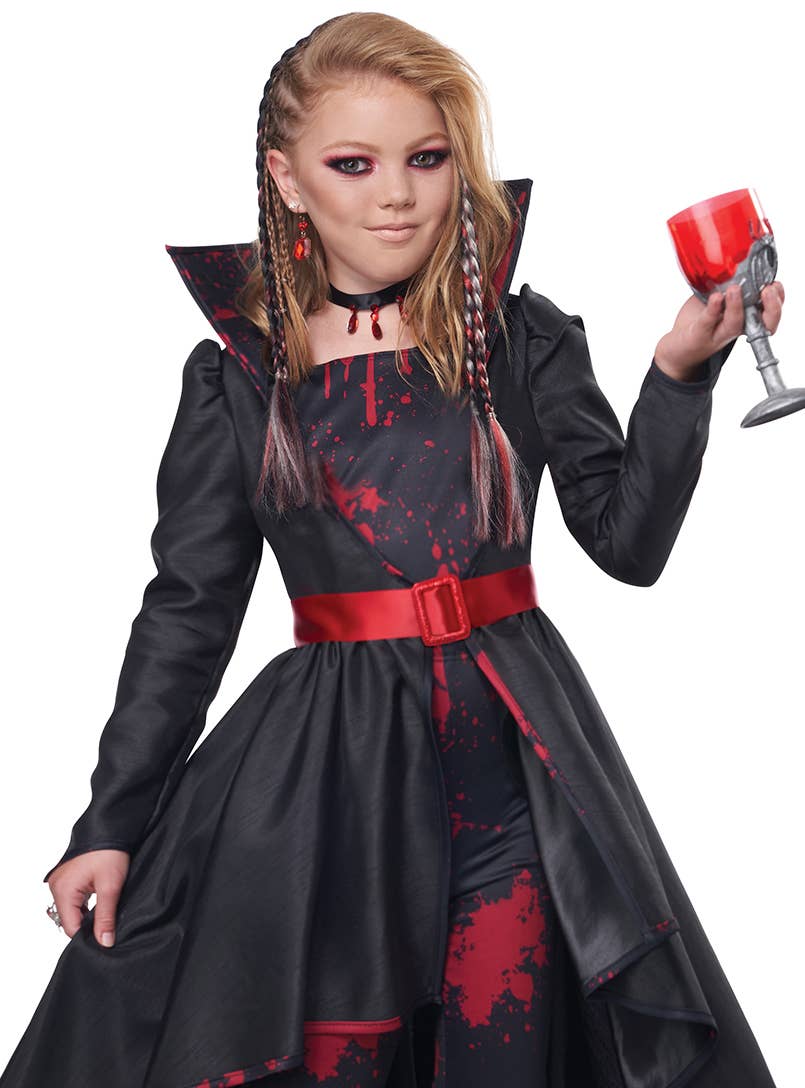 Black and Red Blood Splattered Girl's Vampire Costume - Close Up Image