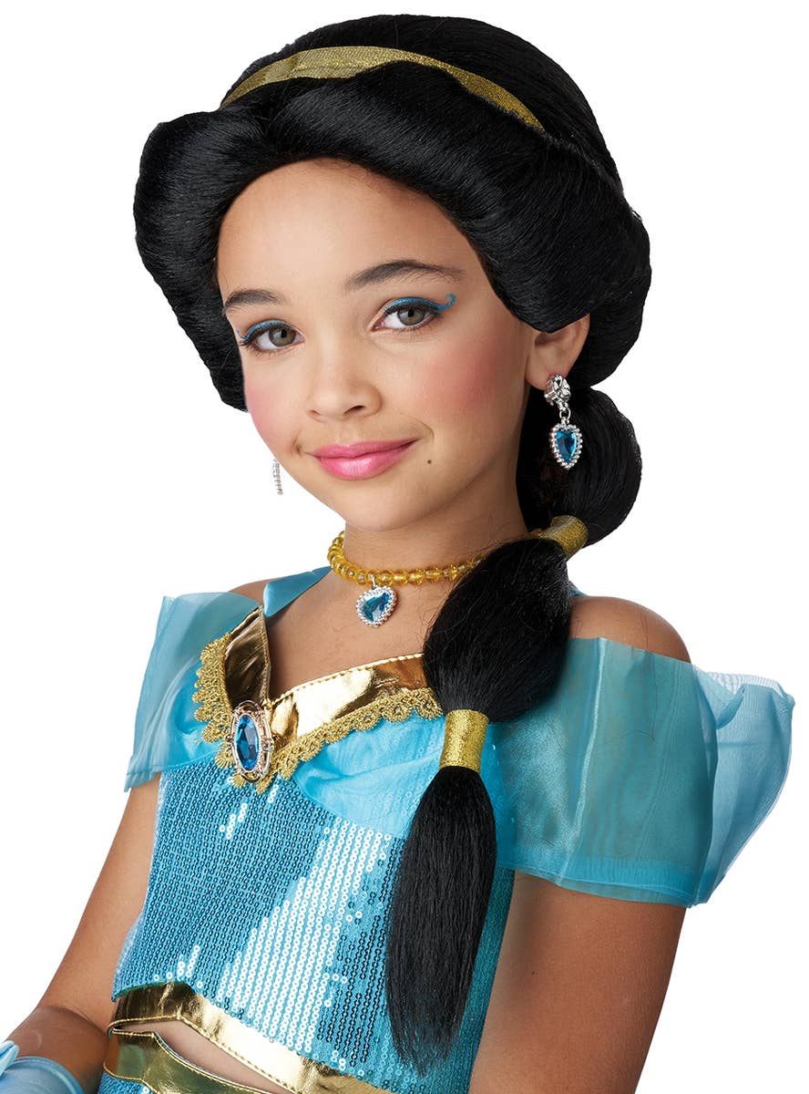 Long Black Deluxe Princess Jasmine Ponytail Girls Costume Wig - Main Image