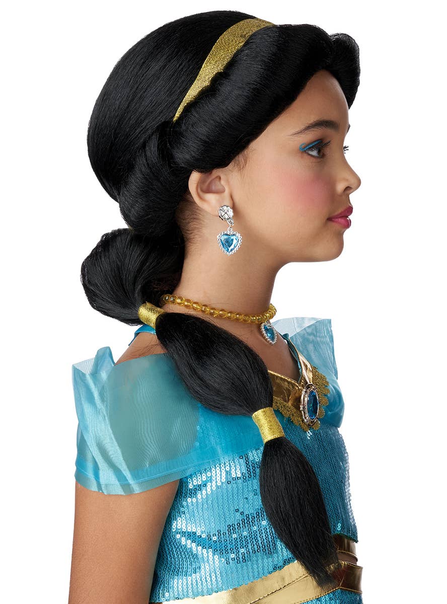 Long Black Deluxe Princess Jasmine Ponytail Girls Costume Wig - Side Image