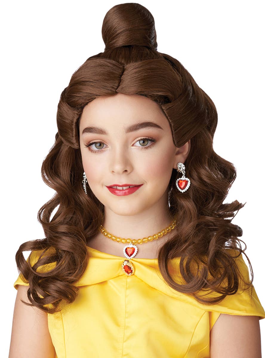 Long Curly Brown Princess Belle Girls Costume Wig with Clip on Bun - Main Image