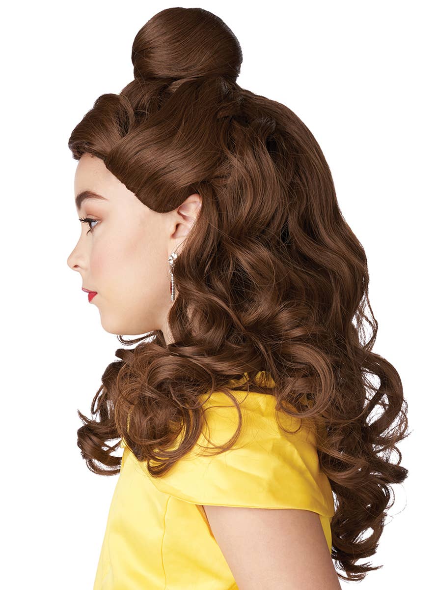 Long Curly Brown Princess Belle Girls Costume Wig with Clip on Bun - Side Image