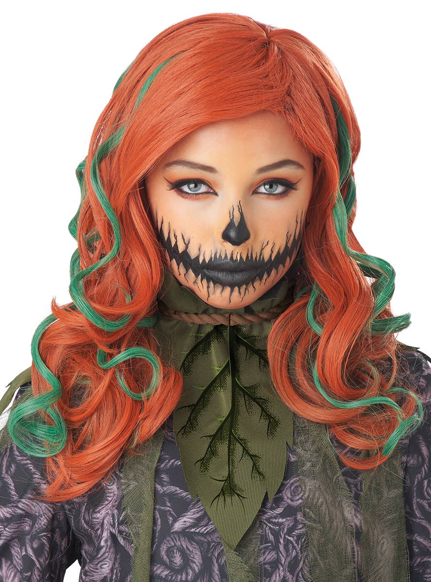 Long Wavy Orange Girls Costume Wig with Green Streaks - Alternative Image