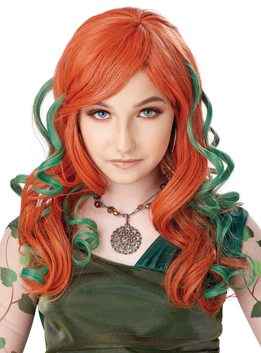 Long Wavy Orange Girls Costume Wig with Green Streaks - Main Image