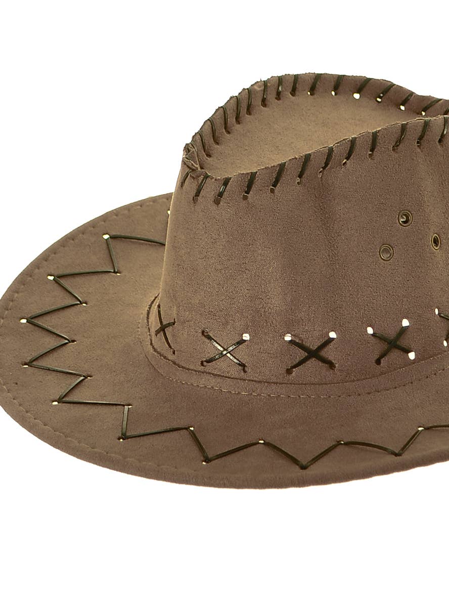 Image of Faux Suede Kids Brown Cowboy Costume Hat - Close Up