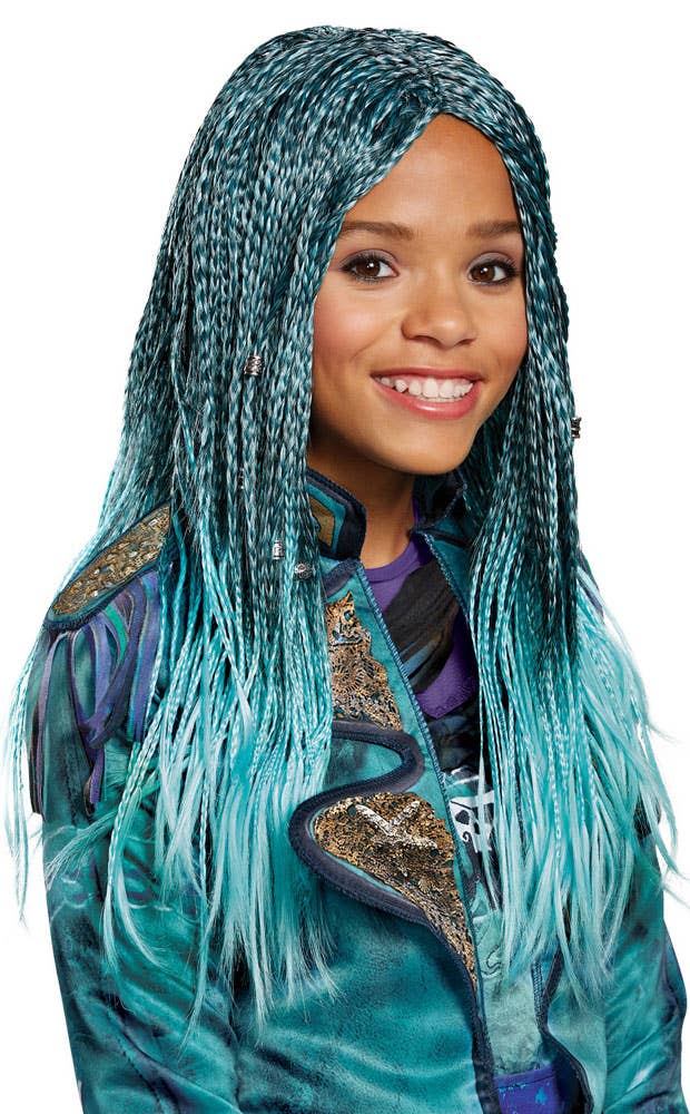 Girl's Uma Descendants 2 Teal Blue Costume Wig With Plaits Main Image