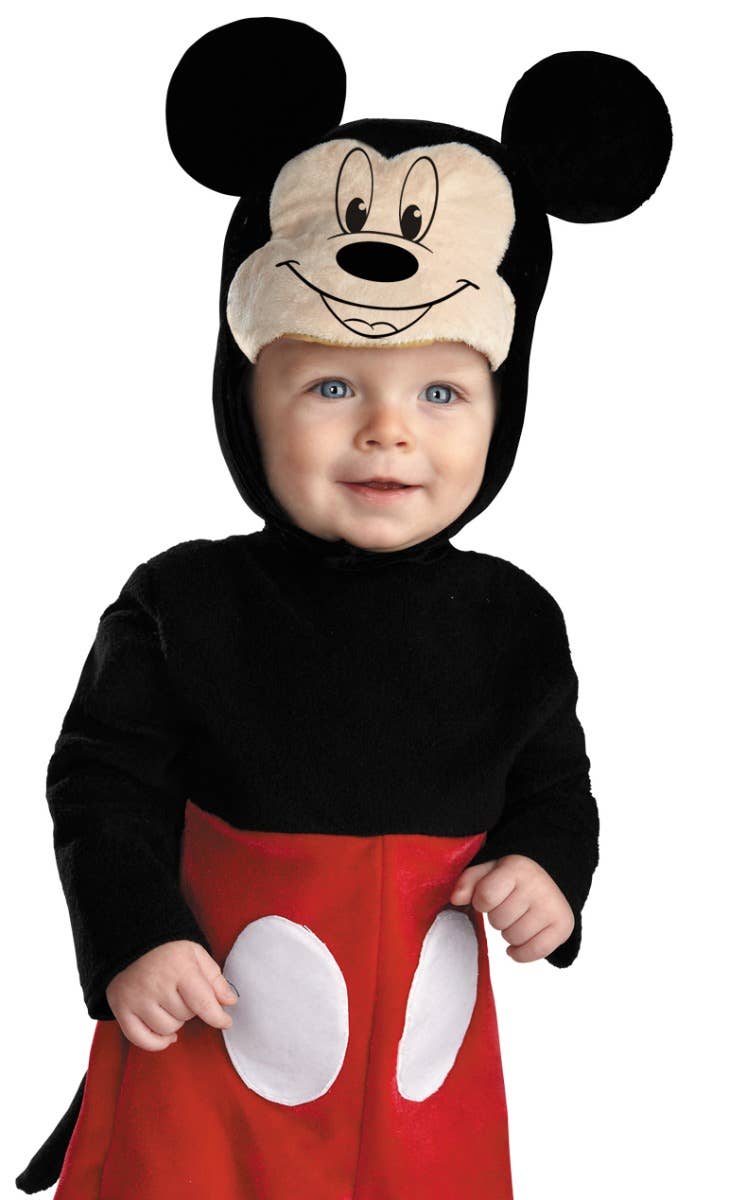 Infant Boy's Mickey Mouse Disney Baby Black And Red Fancy Dress Costume Jumpsuit Close Up Image