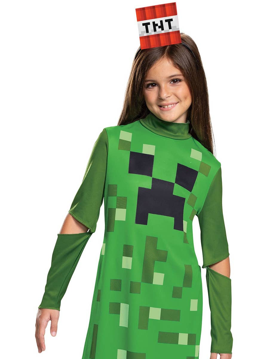 Girls Classic Minecraft Creeper Costume - Close Up Image