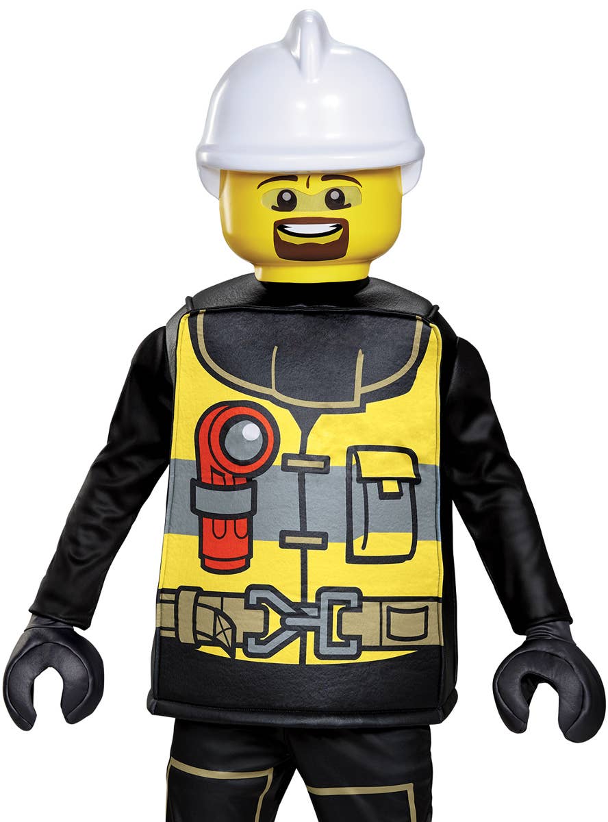 Boys Firefighter Lego Man Costume - Close Up Image