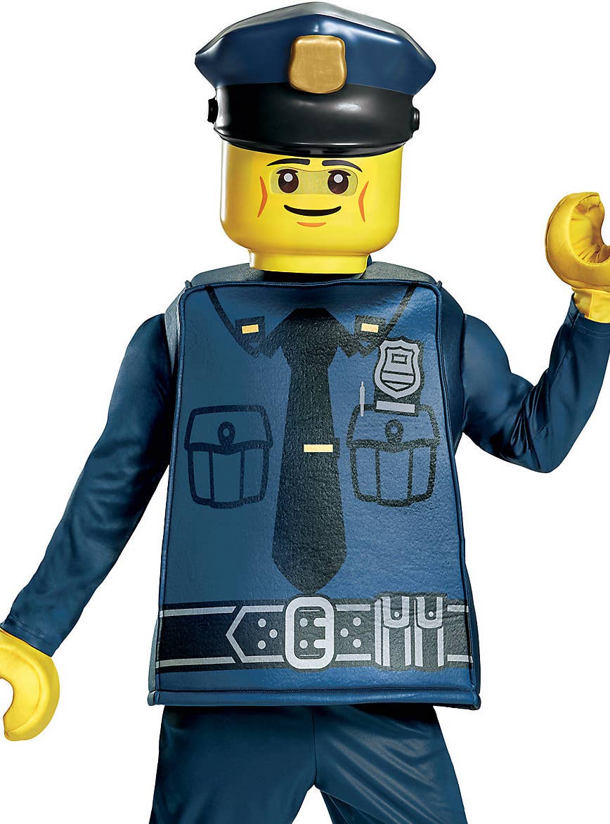 Boys Police Officer Lego Man Costume - Close Up Image