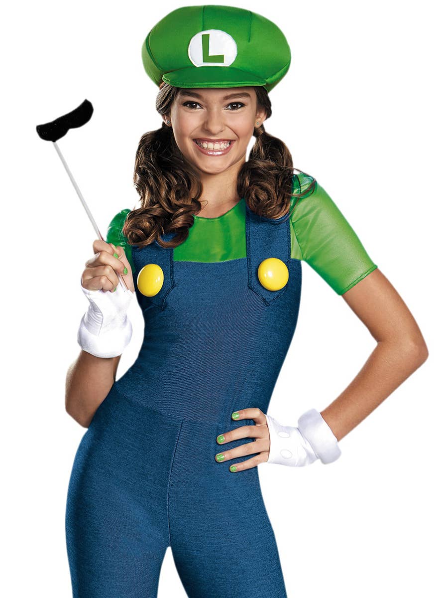 Teen Girls Luigi Costume - Close Up Image
