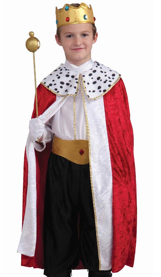 Boy's King Fancy Dress Costume with Red Cape and Crown - Close Up Image