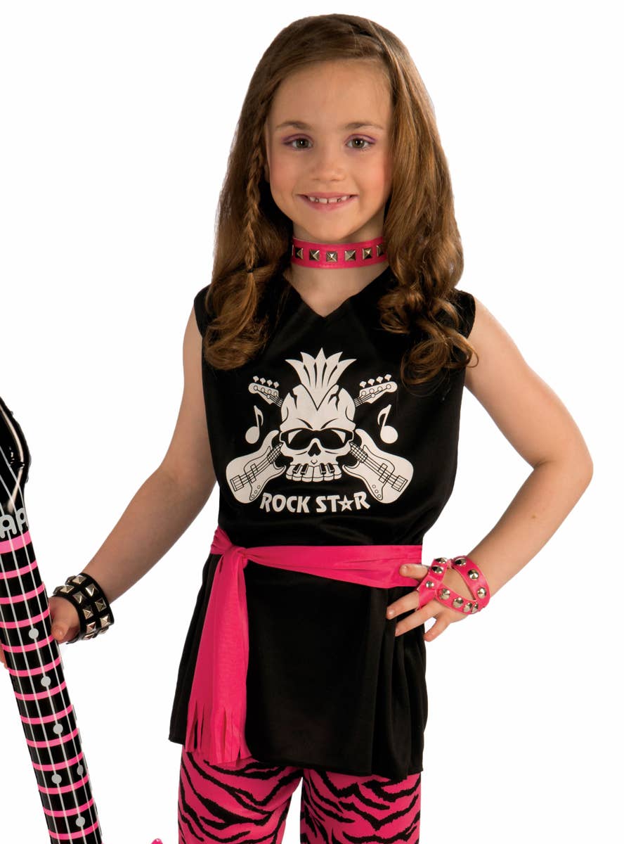 1980's Rock Star Girl's Pink and Black Retro 80s Costume - Close Image