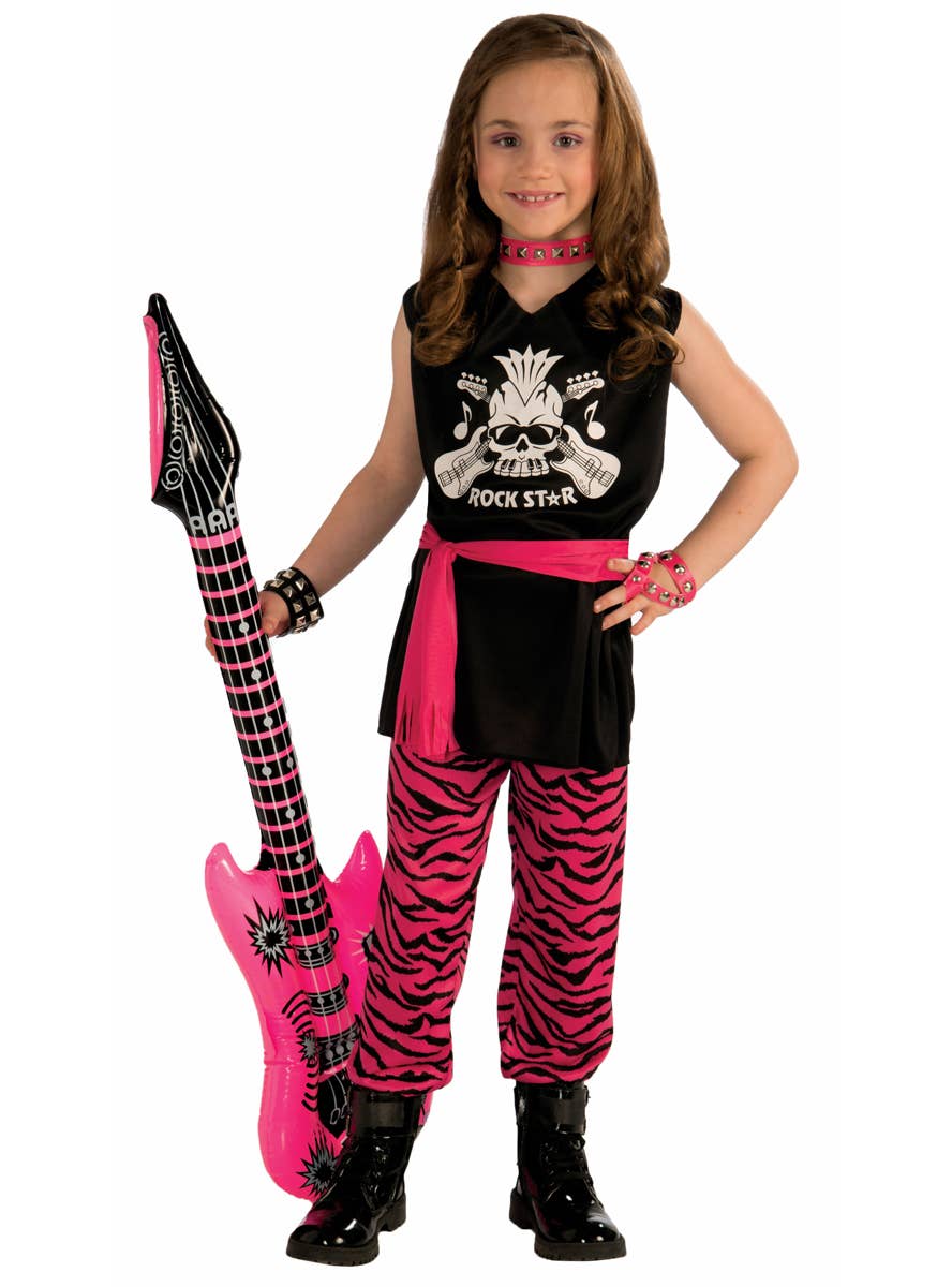 80's Rock Star Girl's Pink and Black Retro 80s Costume - Main Image