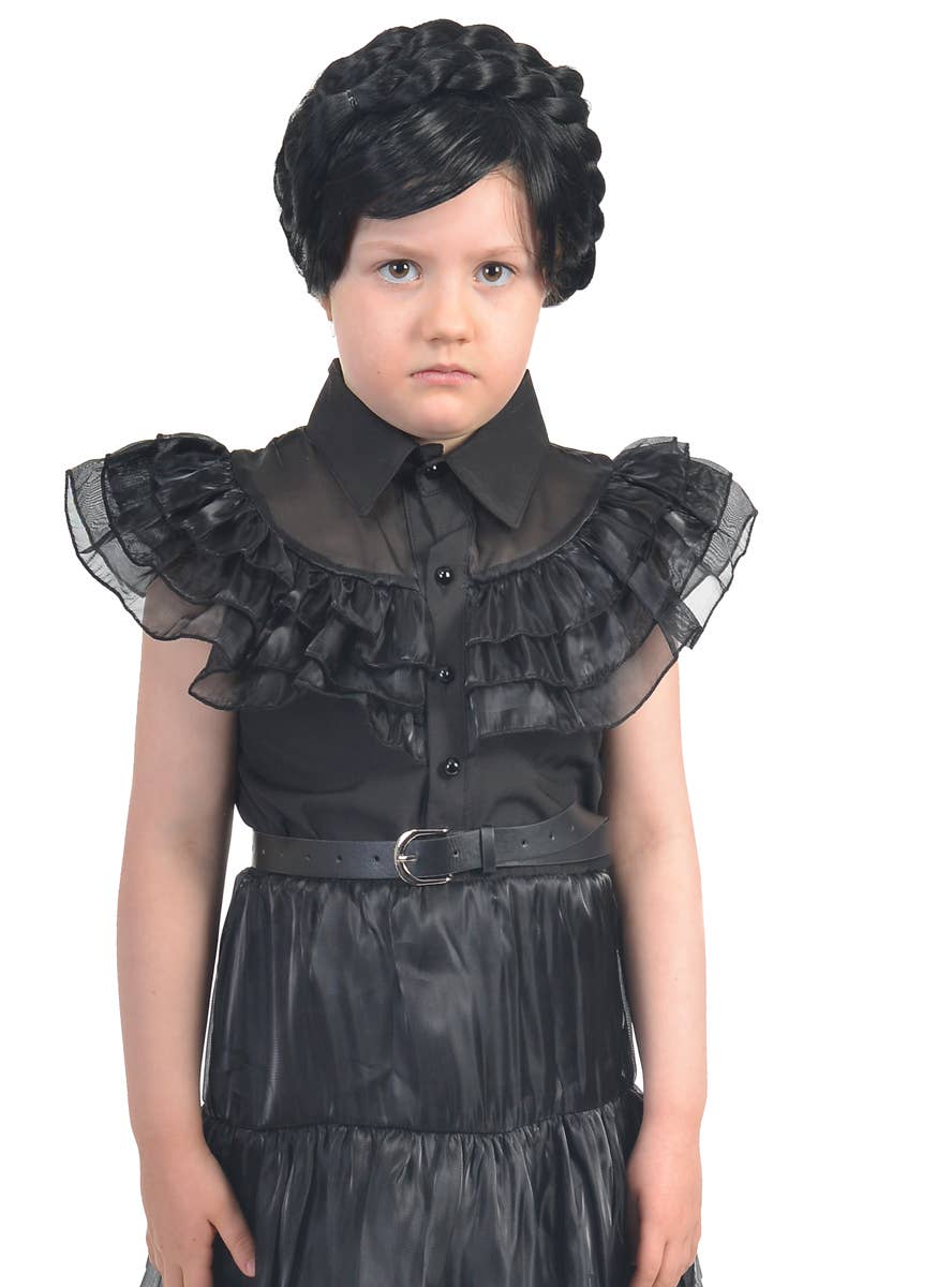 Image of Deluxe Girl's Wednesday Black Party Dress Costume - Close Front Image