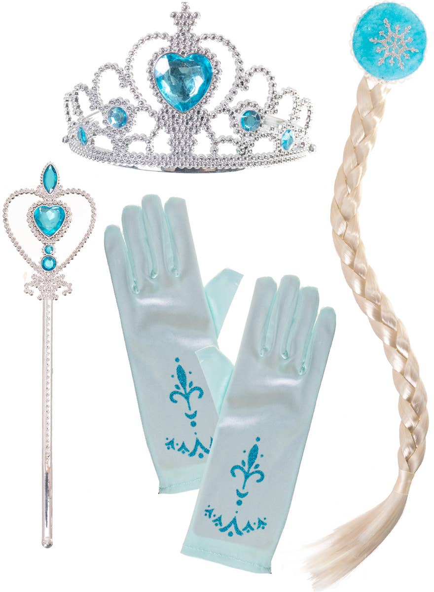 Girls 4 Piece Elsa Set with Tiara, Wand, Gloves and Plait - Flat Lay Image