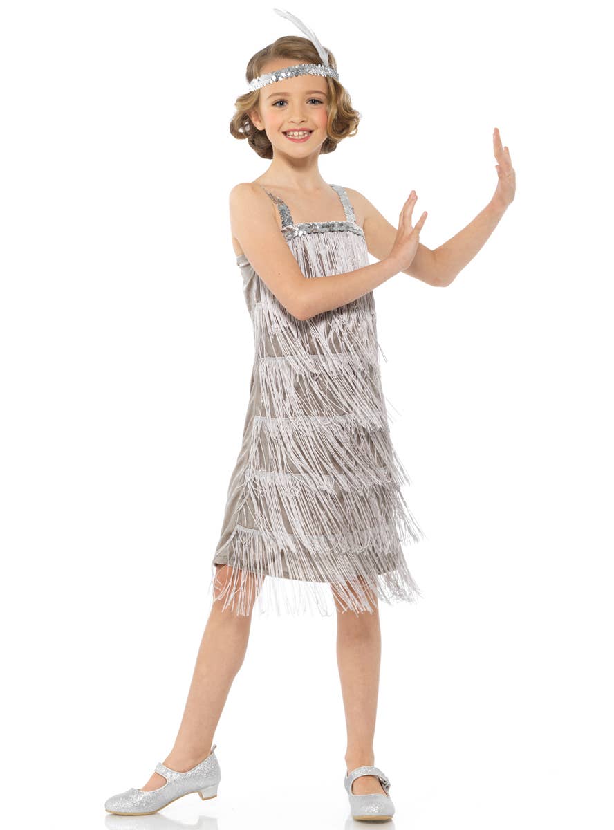 Girls 1920s Silver Flapper Great Gatsby Costume Dress - Alternate Image1