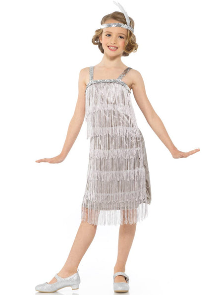 Girls 1920s Silver Flapper Great Gatsby Costume Dress - Main Image