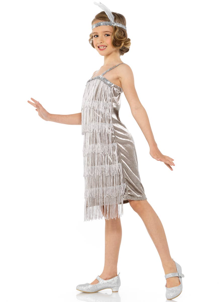 Girls 1920s Silver Flapper Great Gatsby Costume Dress - Side Image