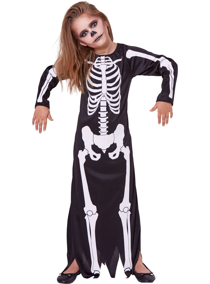 Long Skeleton Print Costume Dress for Girls - Front Image