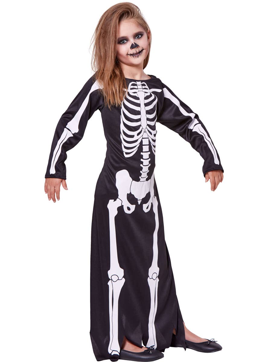 Long Skeleton Print Costume Dress for Girls - Alt Front Image 1