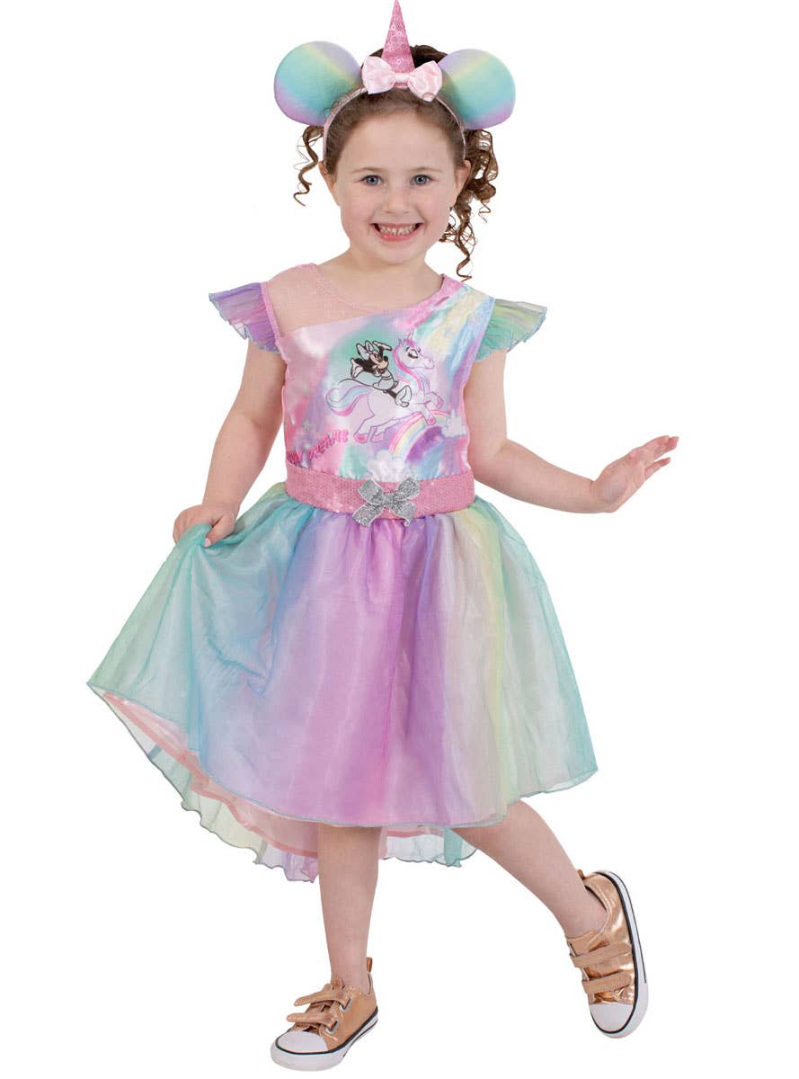 Girls Rainbow Minnie Mouse Unicorn Costume - Front Image