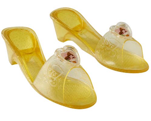 Girls Disney Princess Belle Yellow Glitter Jelly Low Heel Costume Shoes Close Up Image