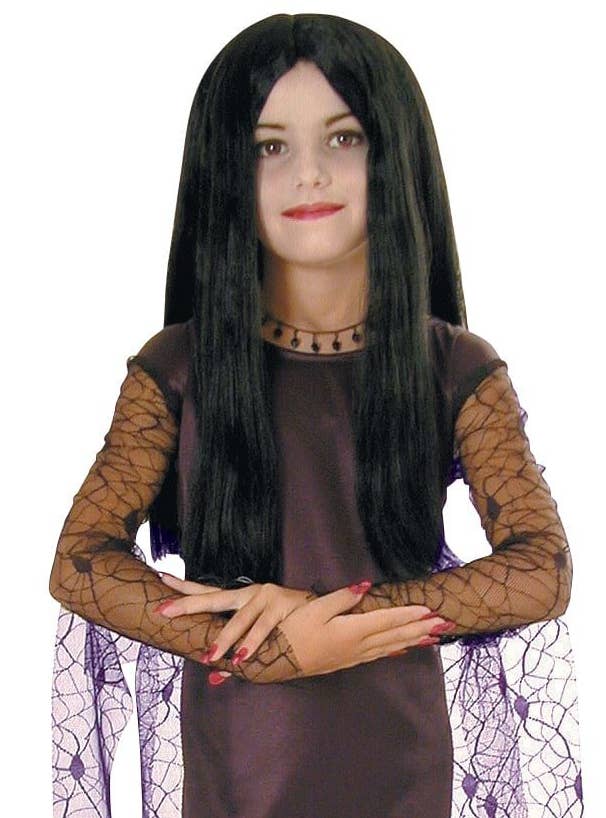 Girls Morticia Addams Halloween Fancy Dress Costume Close Image